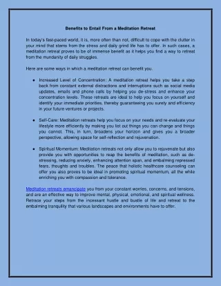 benefits to entail from a meditation retreat