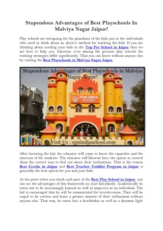 Stupendous Advantages of Best Playschools In Malviya Nagar Jaipur!