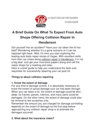 A Brief Guide On What To Expect From Auto Shops Offering Collision Repair In Henderson