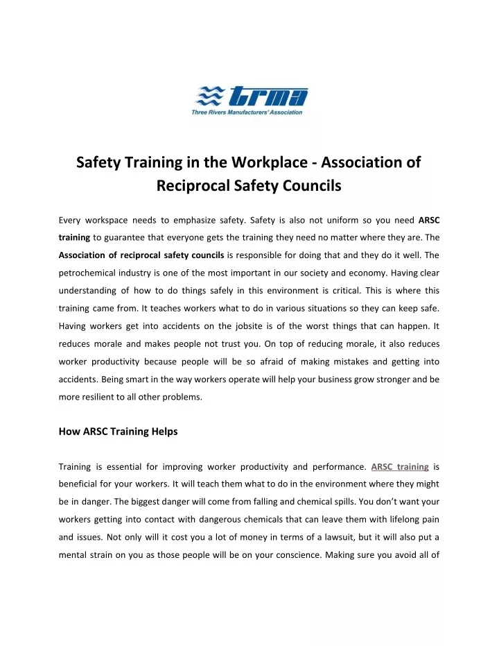 safety training in the workplace association