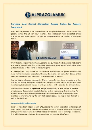 Purchase Your Correct Alprazolam Dosage Online for Anxiety Treatment