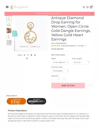 Antique Diamond Drop Earring for Women, Open Circle Gold Dangle Earrings, Yellow Gold Heart Earrings