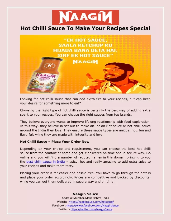 hot chilli sauce to make your recipes special