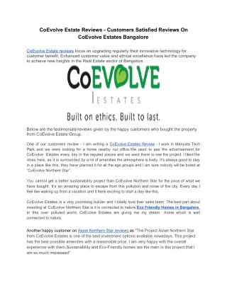CoEvolve Estate Reviews - Customers Satisfied Reviews On CoEvolve Estates Bangalore