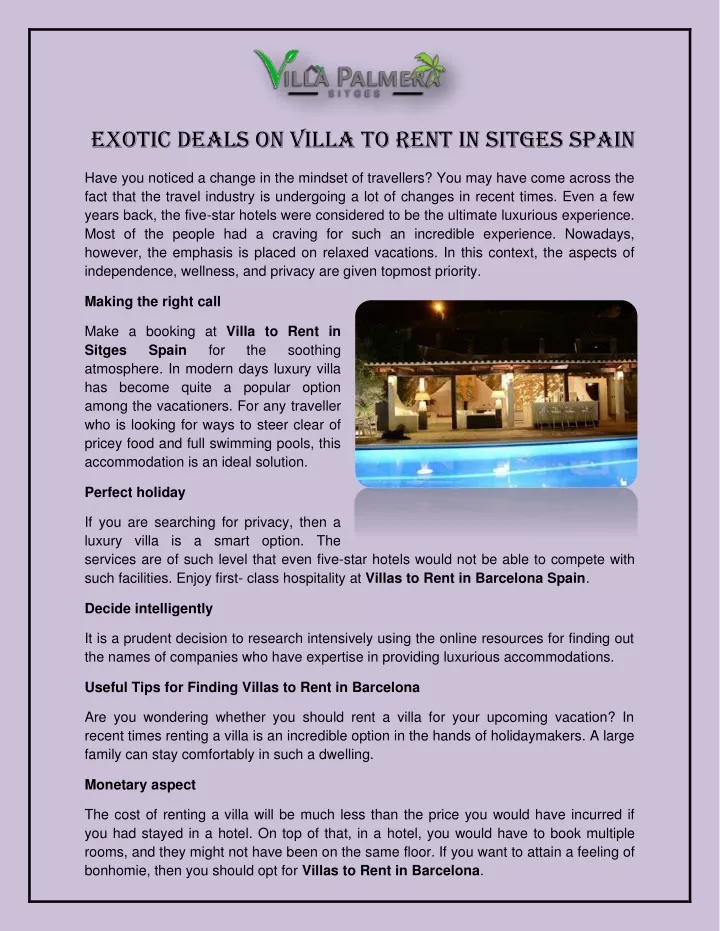 exotic deals on villa to rent in sitges spain