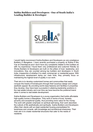 Subha Builders - Best Builders and Developers in Bangalore