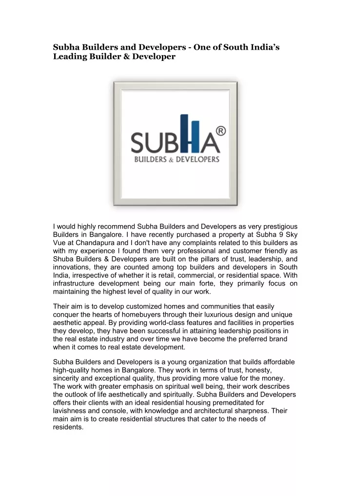 subha builders and developers one of south india
