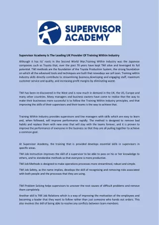 Supervisor Academy Is The Leading UK Provider Of Training Within Industry