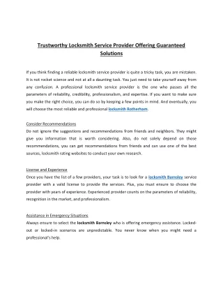 Trustworthy Locksmith Service Provider Offering Guaranteed Solutions