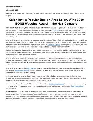 Salon Invi, a Popular Boston-Area Salon, Wins 2020 BONS Wedding Award in the Hair Category