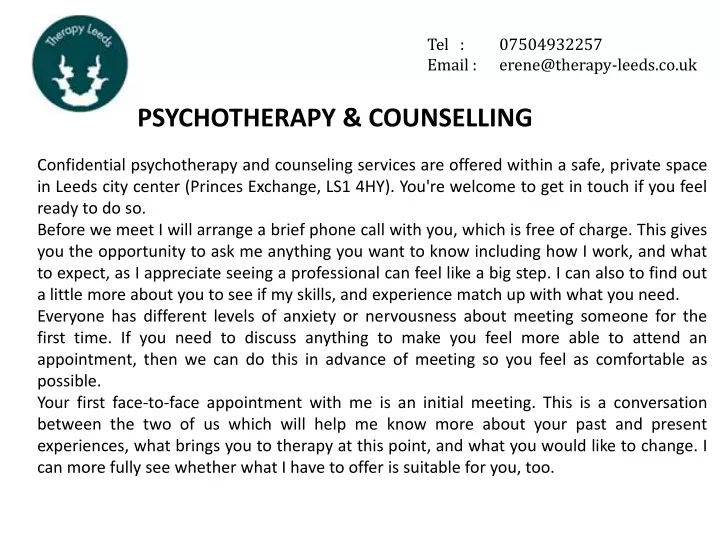 tel 07504932257 email erene@therapy leeds co uk
