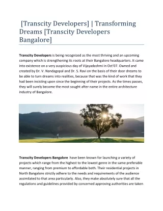 [Transcity Developers] | Transforming Dreams [Transcity Developers Bangalore]