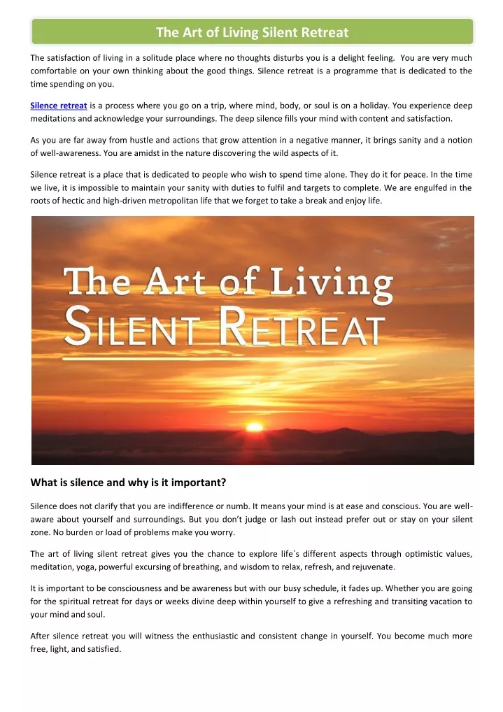 the art of living silent retreat