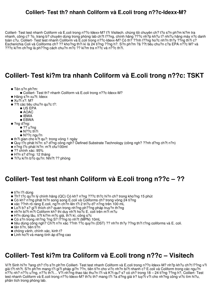 colilert test th nhanh coliform v e coli trong