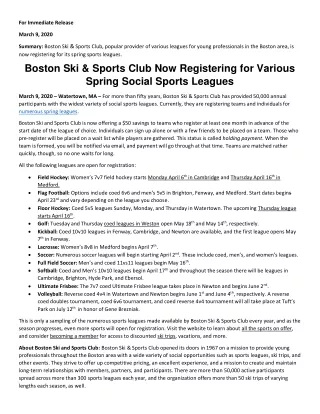 Boston Ski & Sports Club Now Registering for Various Spring Social Sports Leagues