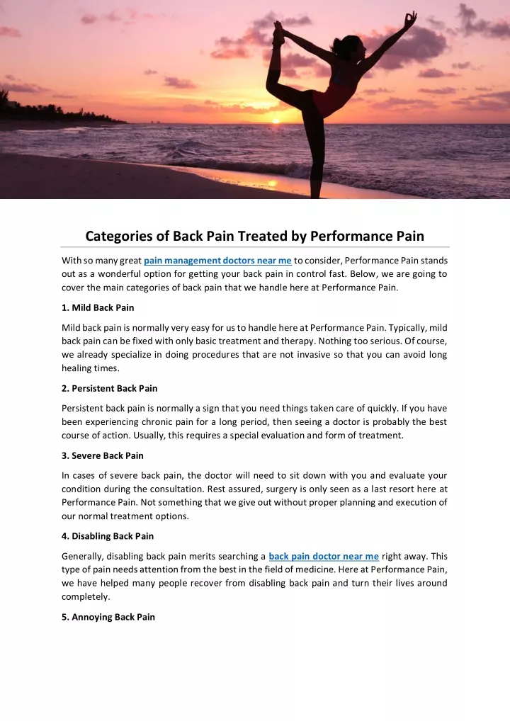 categories of back pain treated by performance