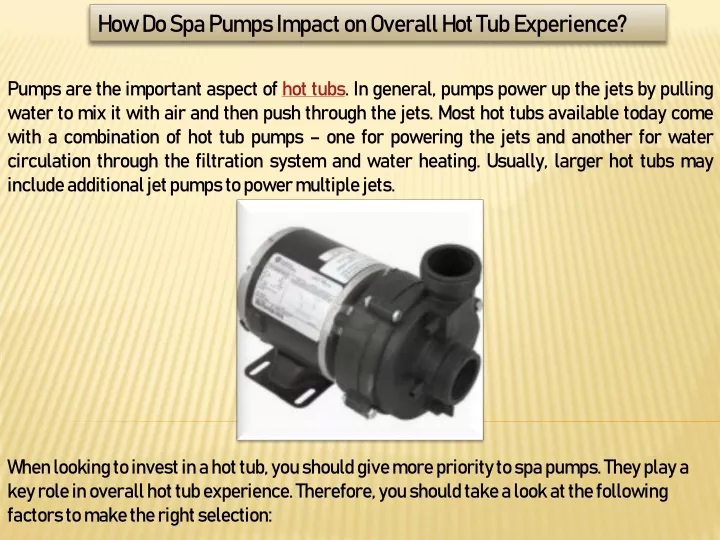 how do spa pumps impact on overall