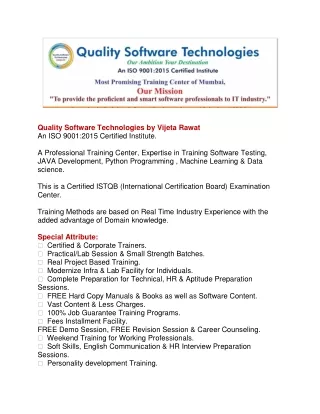 SOFTWARE TESTING COURSE, PYTHON COURSE, JAVATRAINING INSTITUTE – QUALITY SOFTWARE TECHNOLOGIES