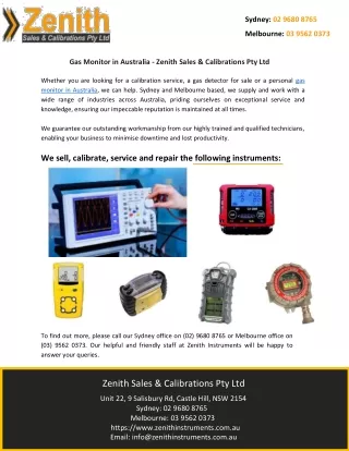 Gas Monitor in Australia - Zenith Sales & Calibrations Pty Ltd