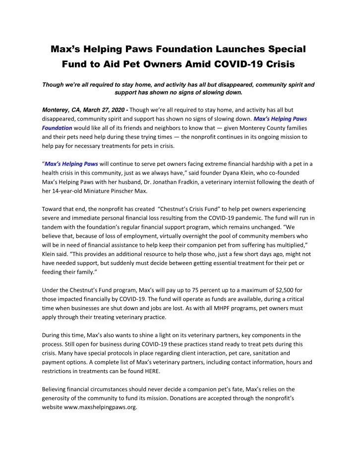 max s helping paws foundation launches special