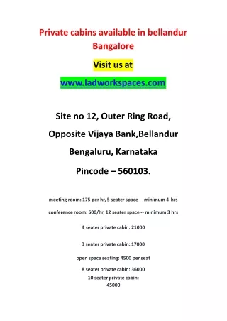 Private cabins available in bellandur Bangalore