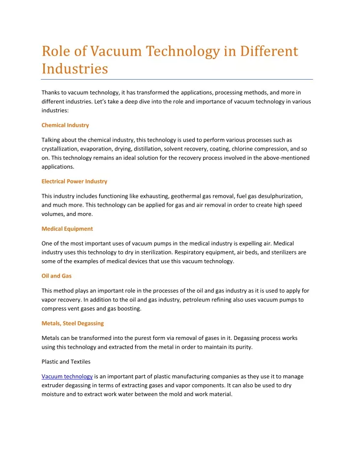 role of vacuum technology in different industries