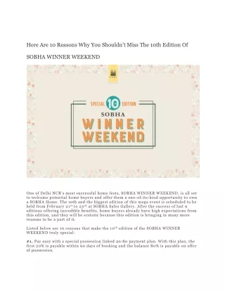 Here Are 10 Reasons Why You Should not Miss The 10th Edition Of SOBHA WINNER WEEKEND