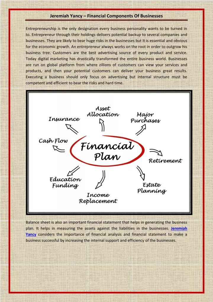 jeremiah yancy financial components of businesses