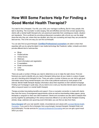 How Will Some Factors Help For Finding a Good Mental Health Therapist?