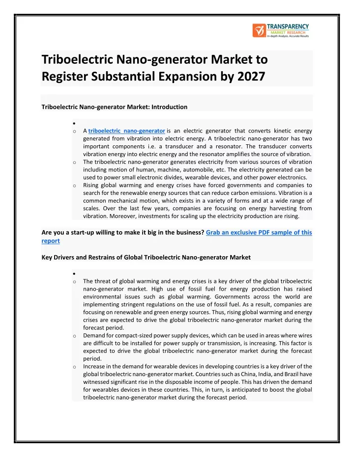 triboelectric nano generator market to register