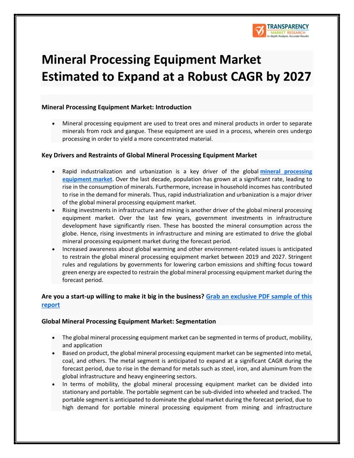mineral processing equipment market estimated