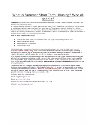 What is Summer Short Term Housing? Who all need it?