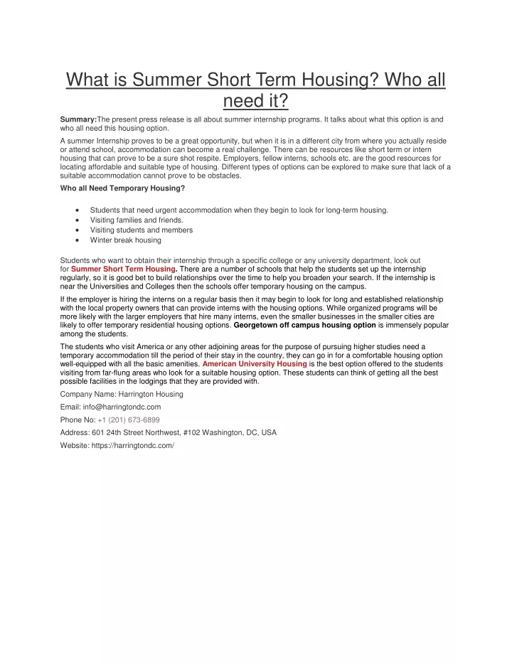 what is summer short term housing who all need it