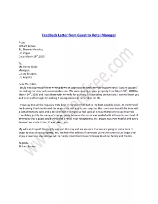 Feedback Letter from Guest to Hotel Manager