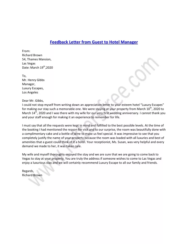 feedback letter from guest to hotel manager