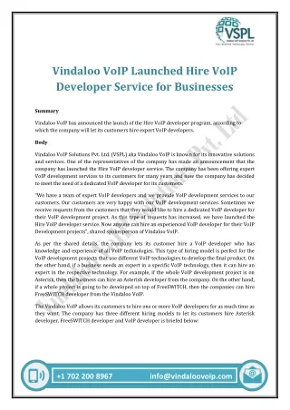 vindaloo voip launched hire voip developer