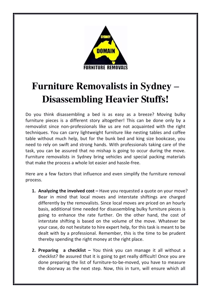furniture removalists in sydney disassembling