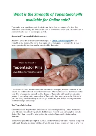What is the Strength of Tapentadol pills available for Online sale?