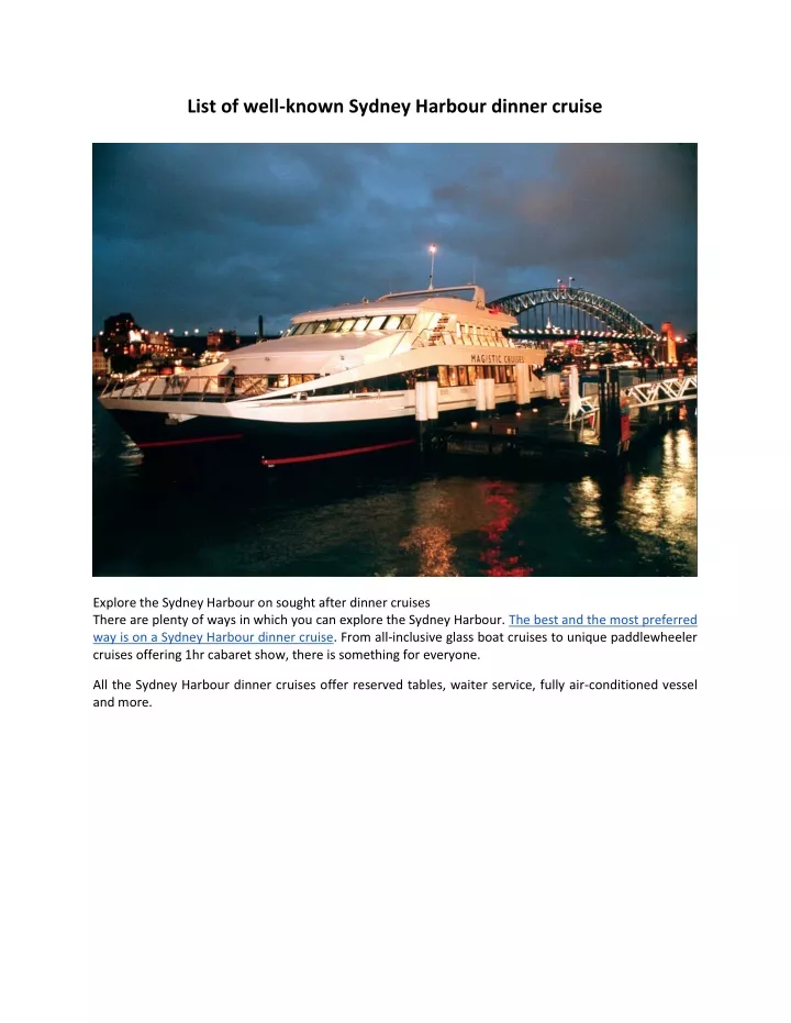 list of well known sydney harbour dinner cruise
