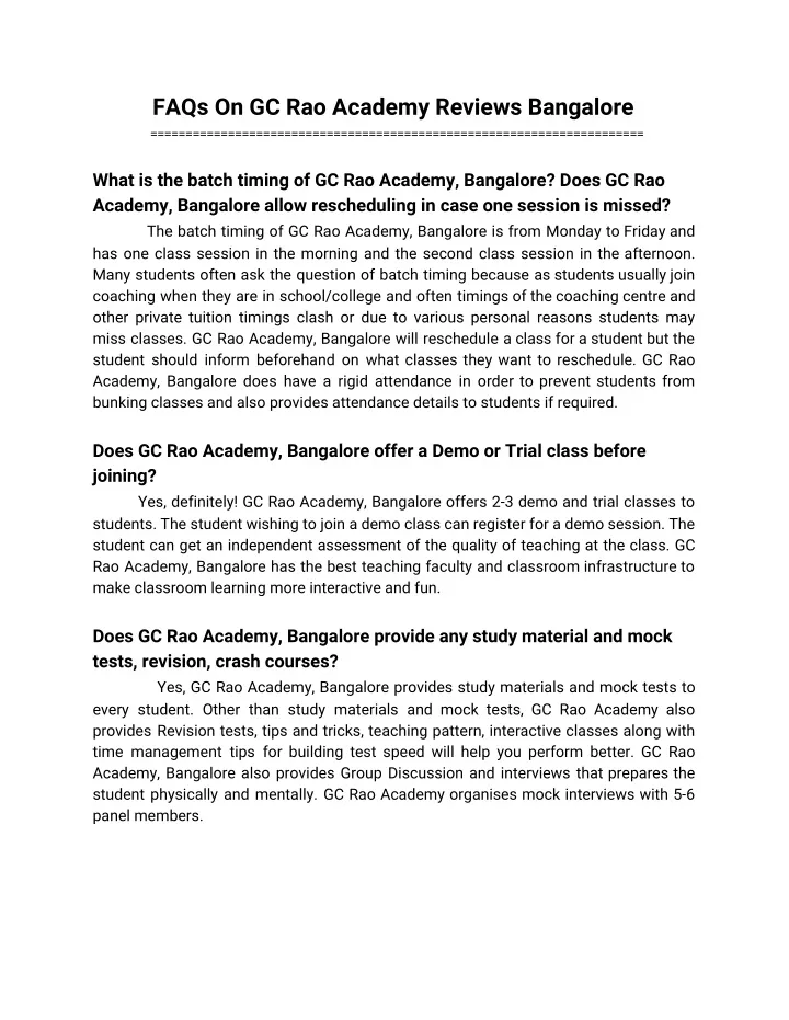 faqs on gc rao academy reviews bangalore what