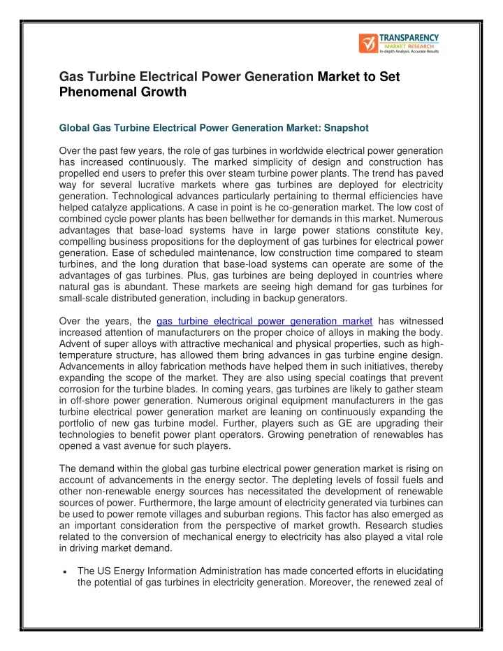 gas turbine electrical power generation market