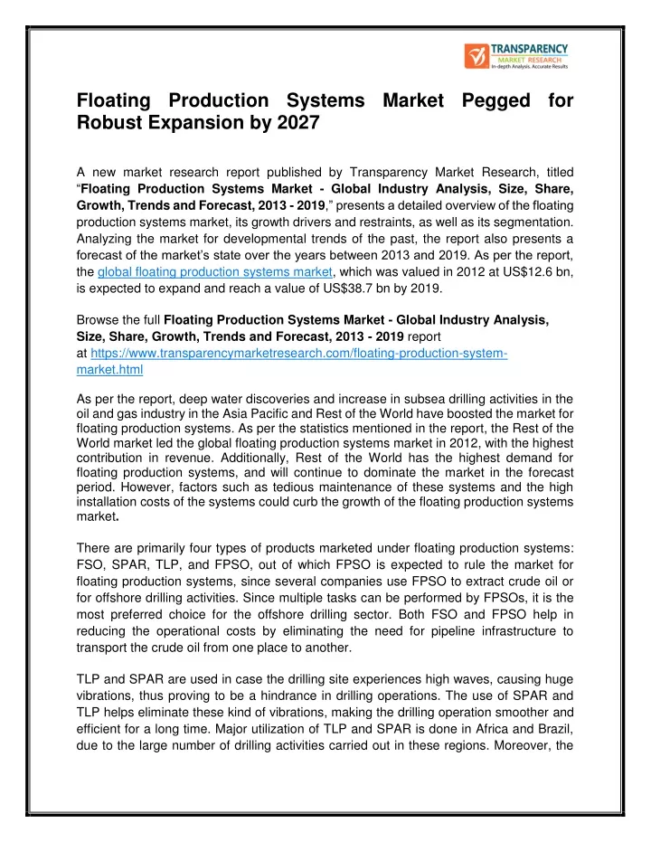 floating production systems market pegged