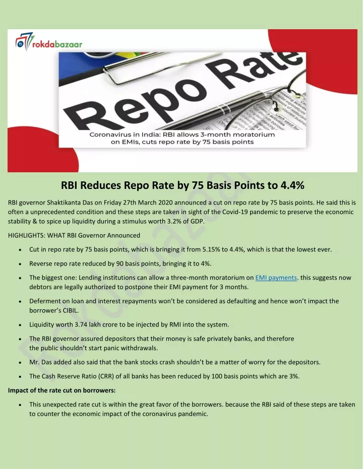 rbi reduces repo rate by 75 basis points to 4 4