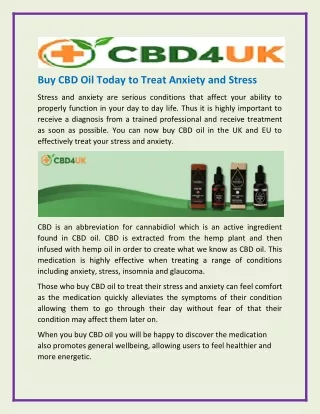 Buy CBD Oil Today to Treat Anxiety and Stress