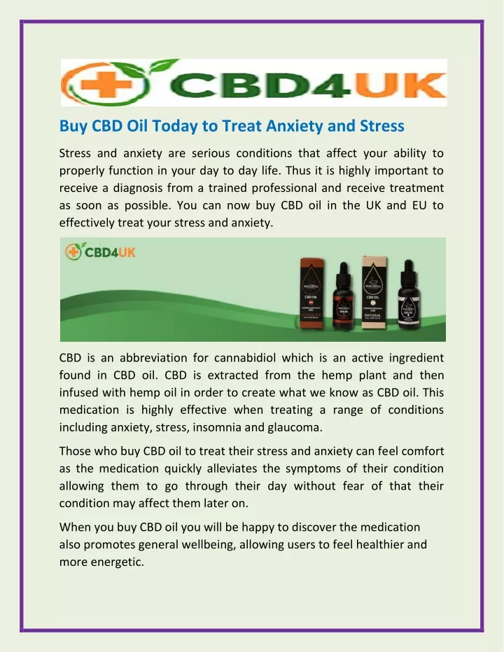 buy cbd oil today to treat anxiety and stress