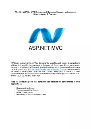 Why Hire ASP.Net MVC Development Company Chicago - Advantages, Disadvantages & Features.