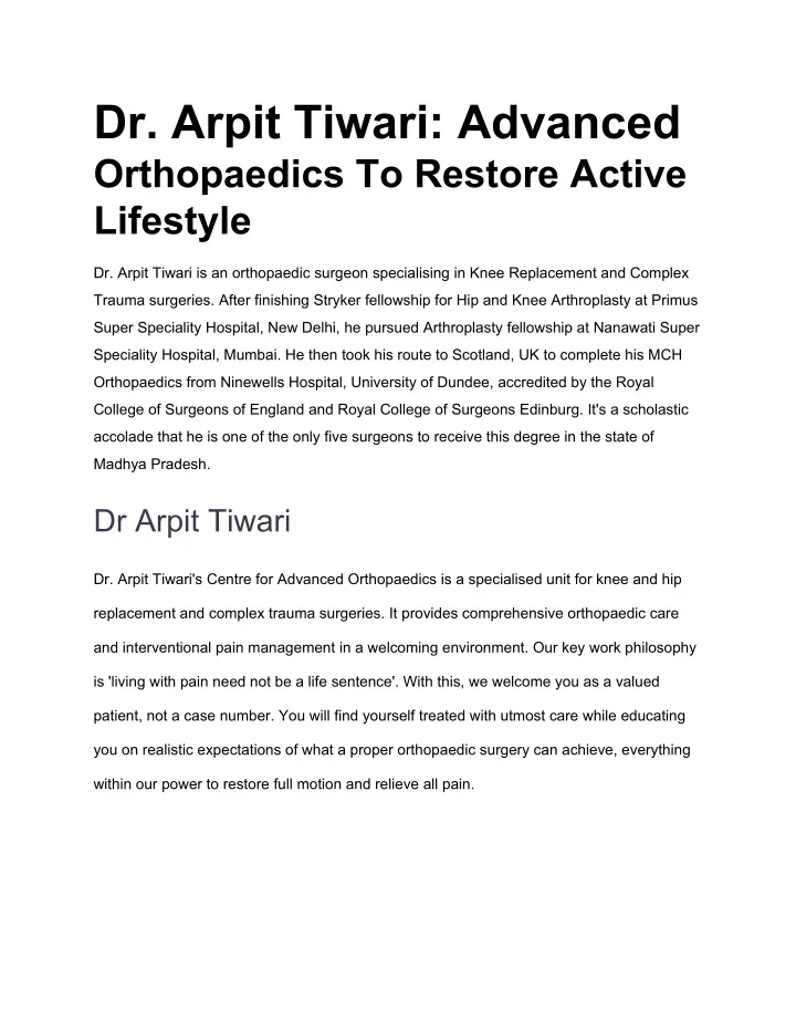 dr arpit tiwari advanced orthopaedics to restore