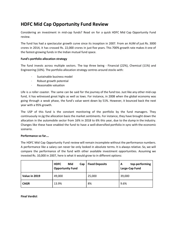 hdfc mid cap opportunity fund review