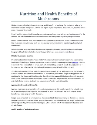 Nutrition and Health Benefits of Mushrooms