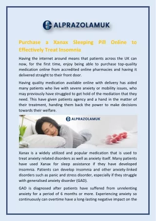 Purchase a Xanax Sleeping Pill Online to Effectively Treat Insomnia
